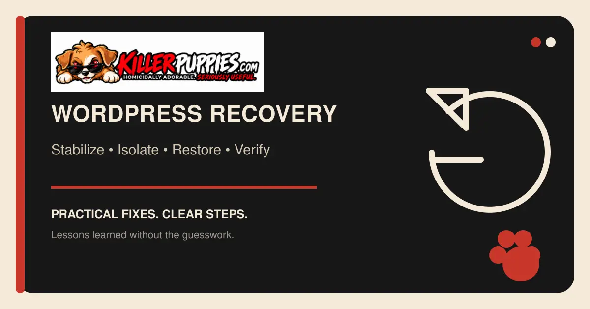 WordPress site recovery checklist graphic with the complete KillerPuppies.com logo and circular restore arrow