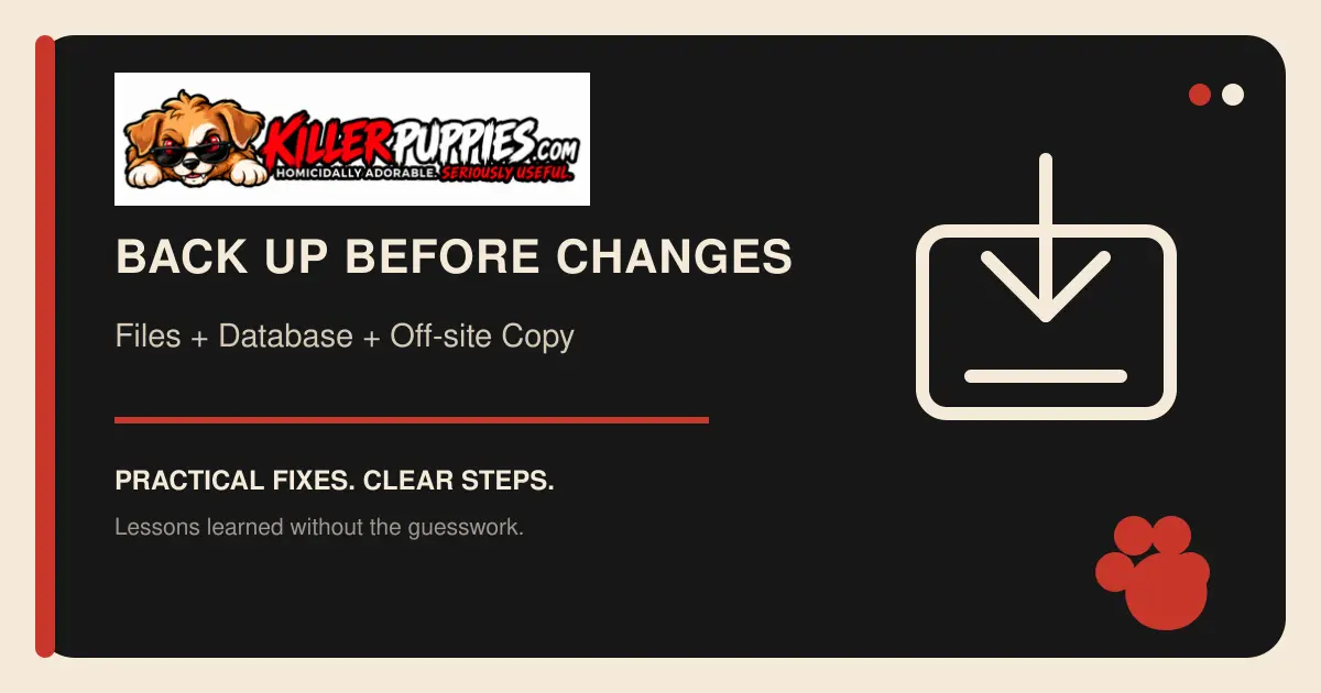 WordPress backup checklist graphic with the complete KillerPuppies.com logo and download icon