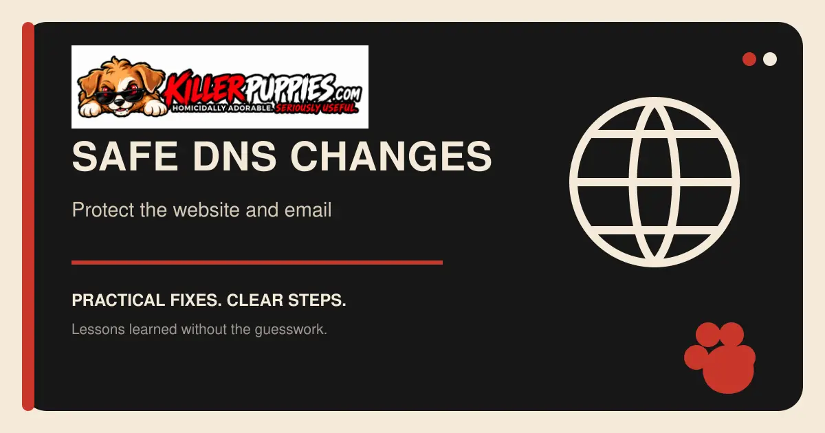 Safe DNS changes graphic with the complete KillerPuppies.com logo and globe icon