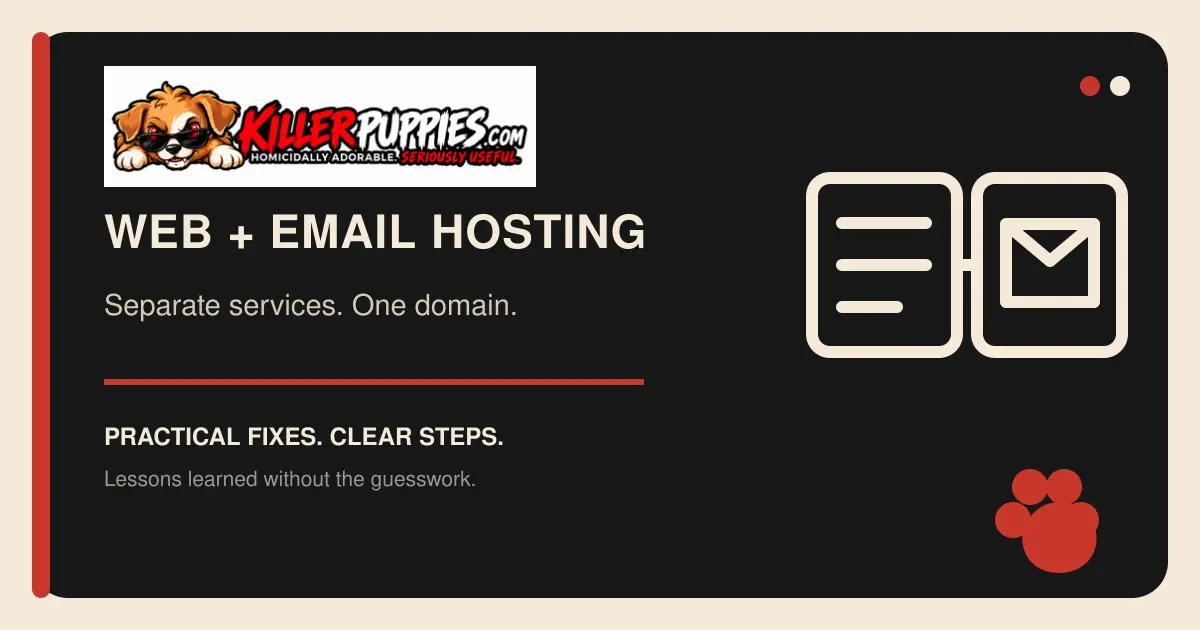 Website and email hosting graphic with the complete KillerPuppies.com logo and server and email icons