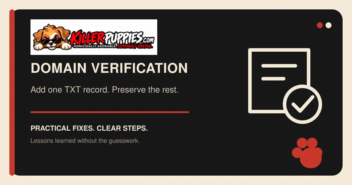 Domain verification graphic with the complete KillerPuppies.com logo and verified document icon