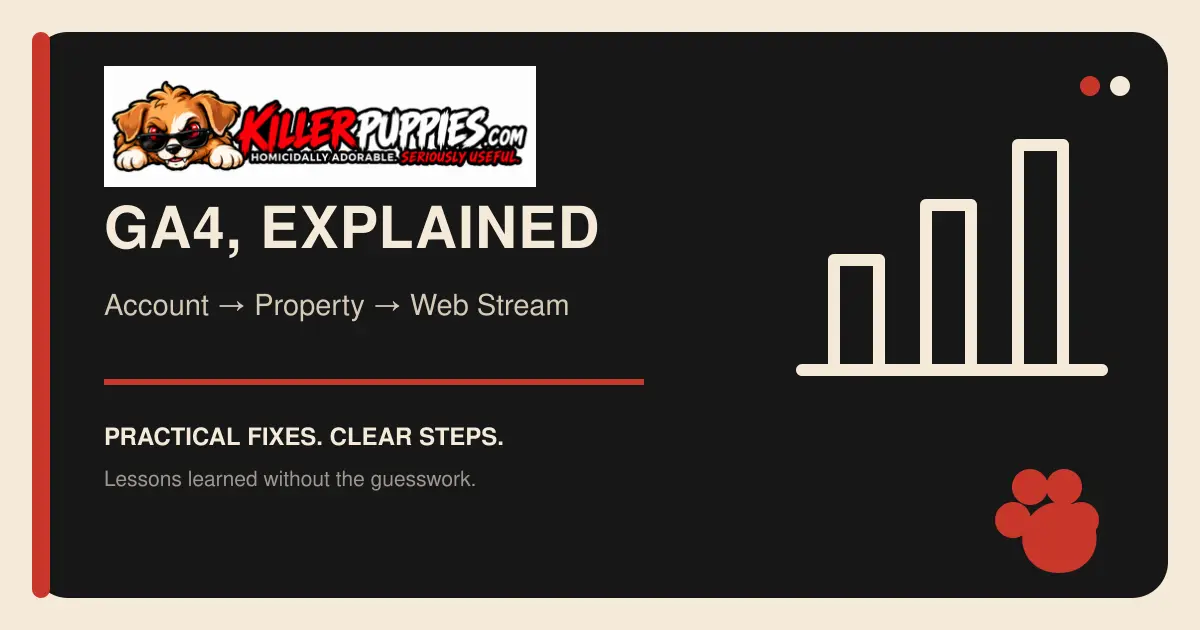 GA4 property and web data stream graphic with the complete KillerPuppies.com logo and analytics chart