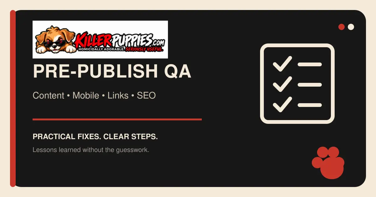 WordPress pre-publish QA checklist graphic with the complete KillerPuppies.com logo